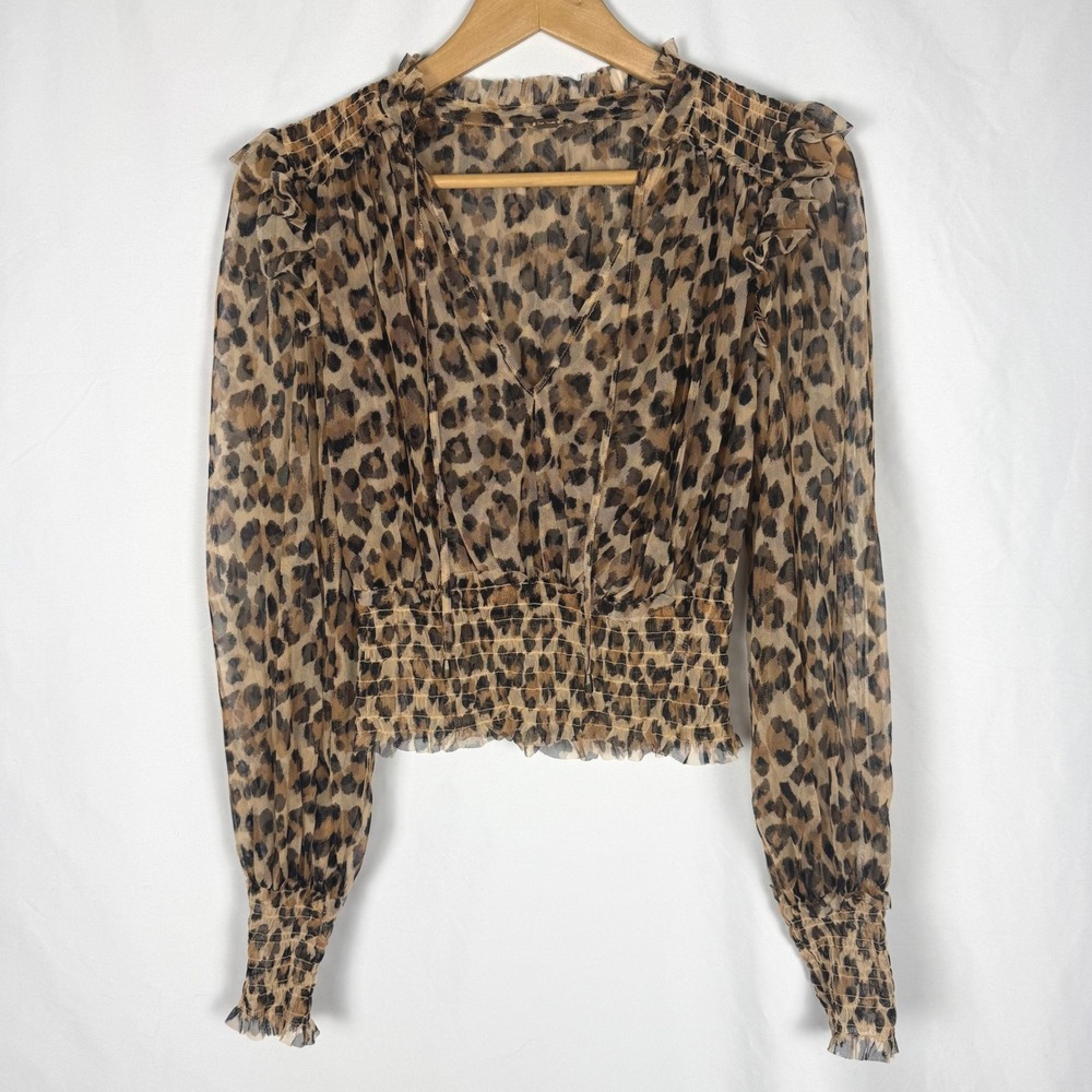 Free People Twyla Leopard Print Sheer Mesh Smocked Blouse Size S EUC